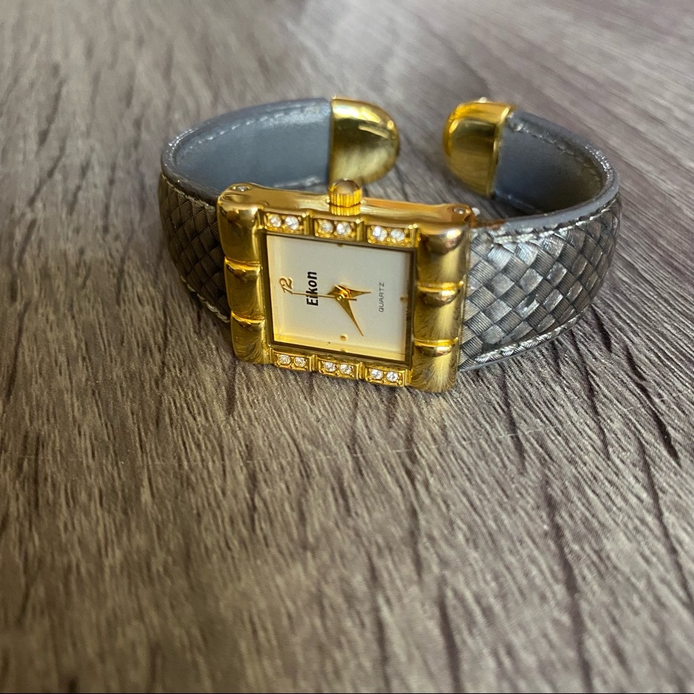 Eikon Gold Crystal Accent Silver Grey Gunmetal Crosshatch Cuff Bracelet Watch
